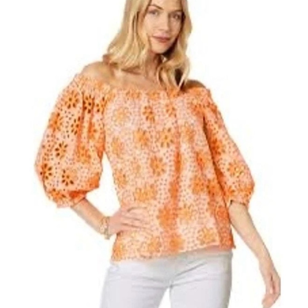 Lilly Pulitzer Boxy Orange and White Puff Sleeve Blouse